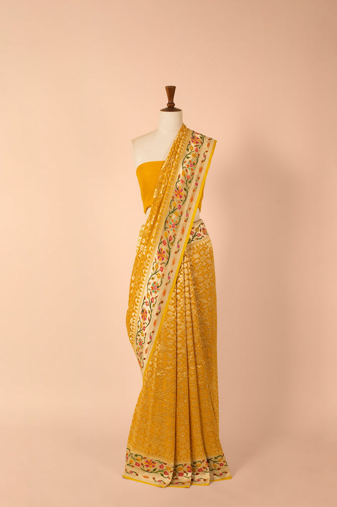 Handwoven Yellow Georgette Sari