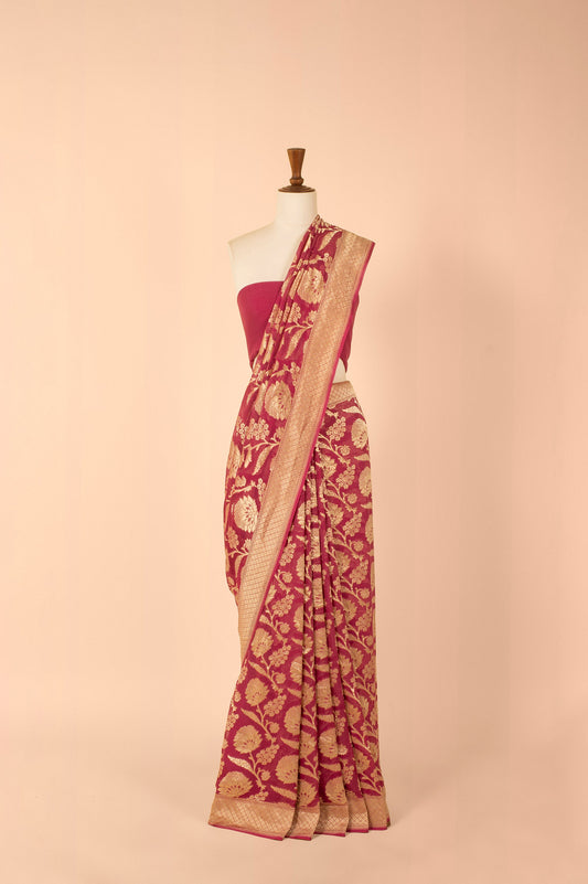 Handwoven Pink Georgette Sari