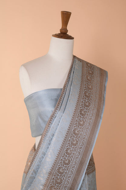 Handwoven Blue Satin Silk Sari