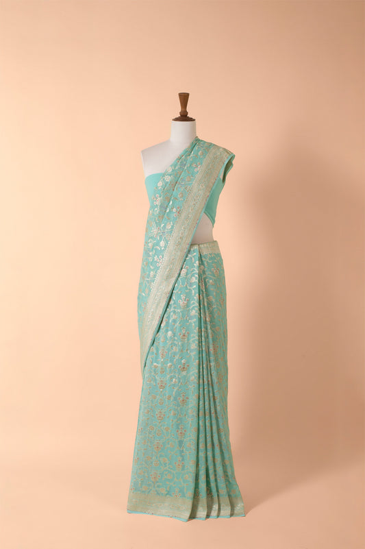 Handwoven Blue Georgette Sari