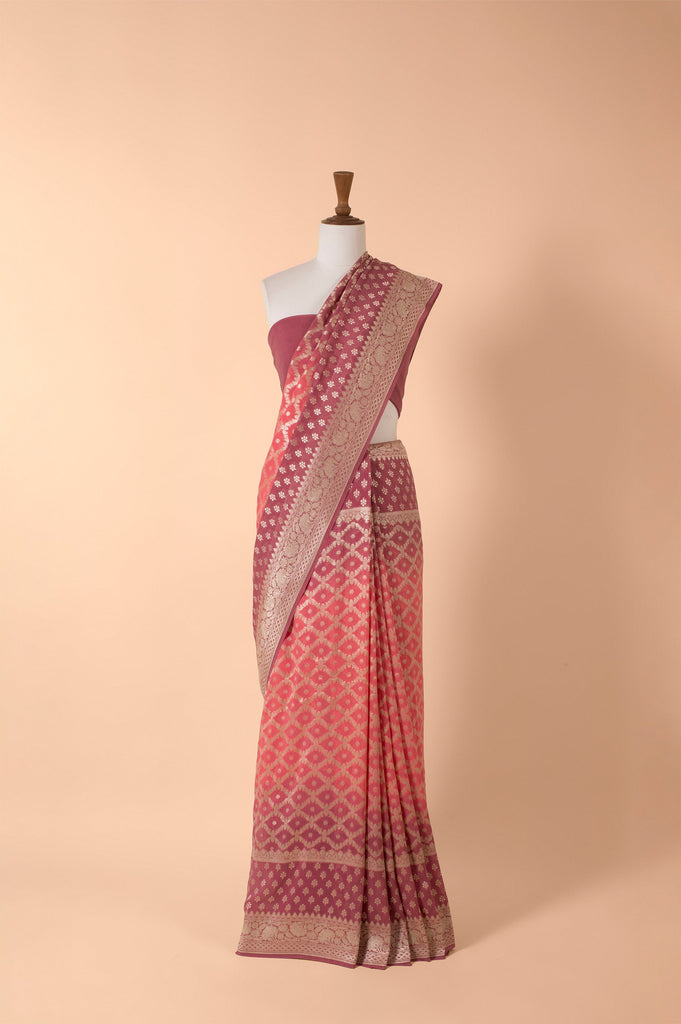 Handwoven Pink Georgette Sari