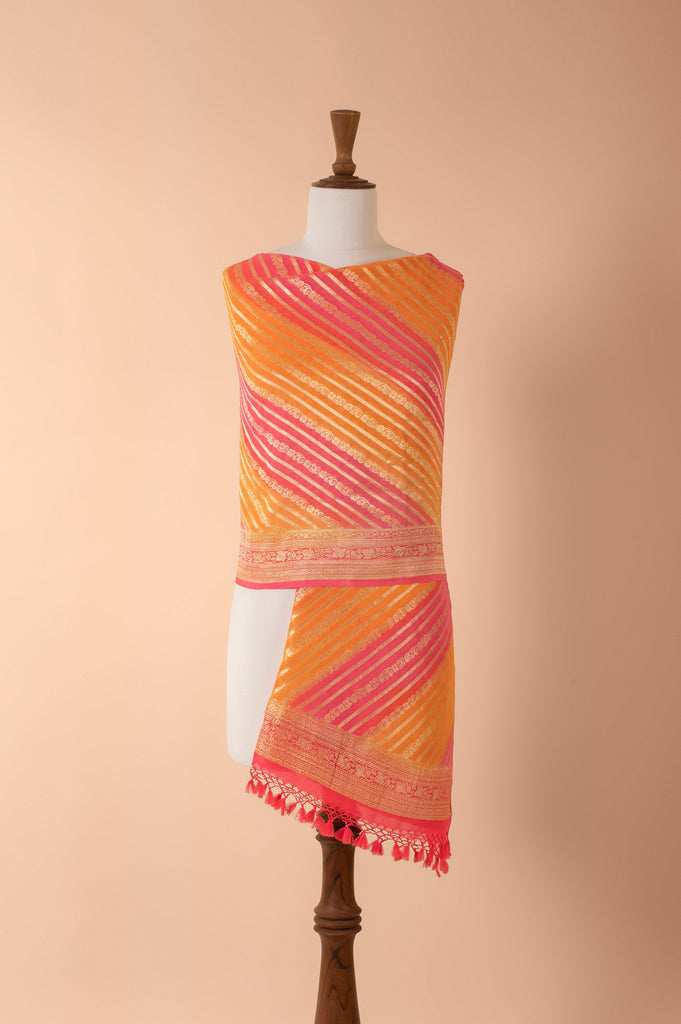 Handwoven Pink and Orange Georgette Dupatta