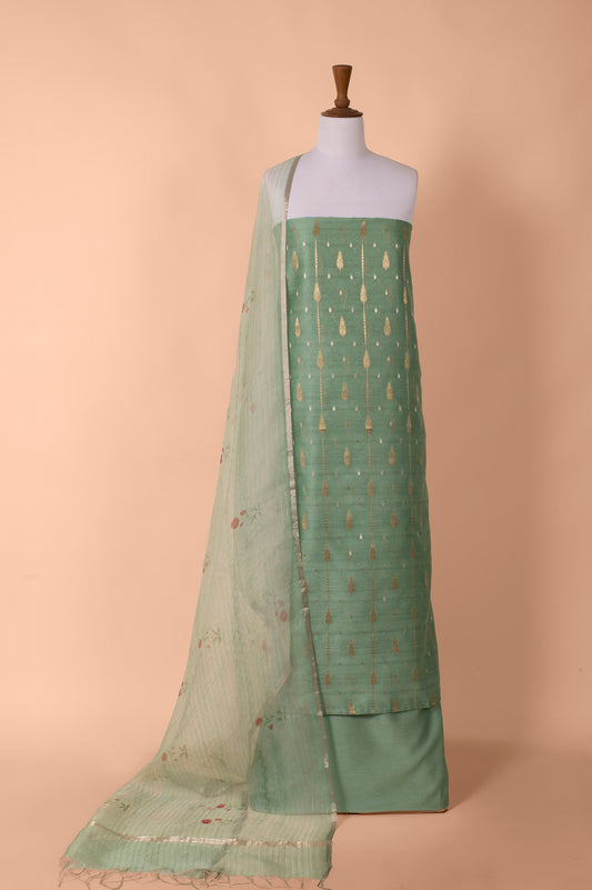 Handwoven Green Digital Printed Chanderi Cotton Suit Piece