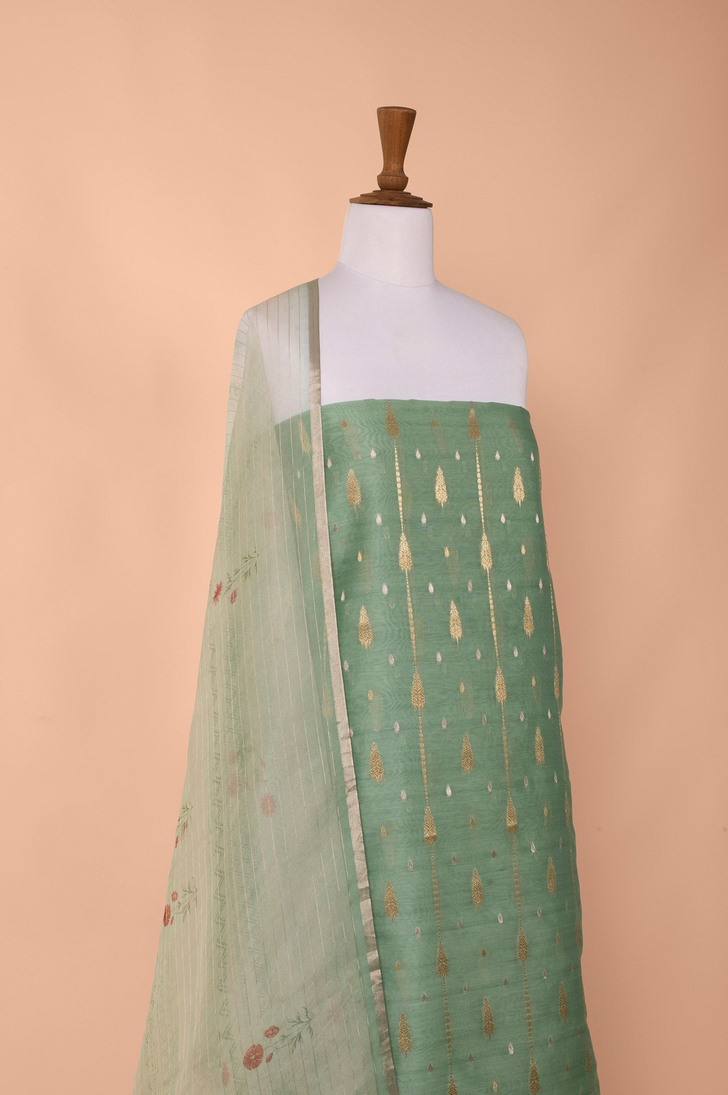 Handwoven Green Digital Printed Chanderi Cotton Suit Piece