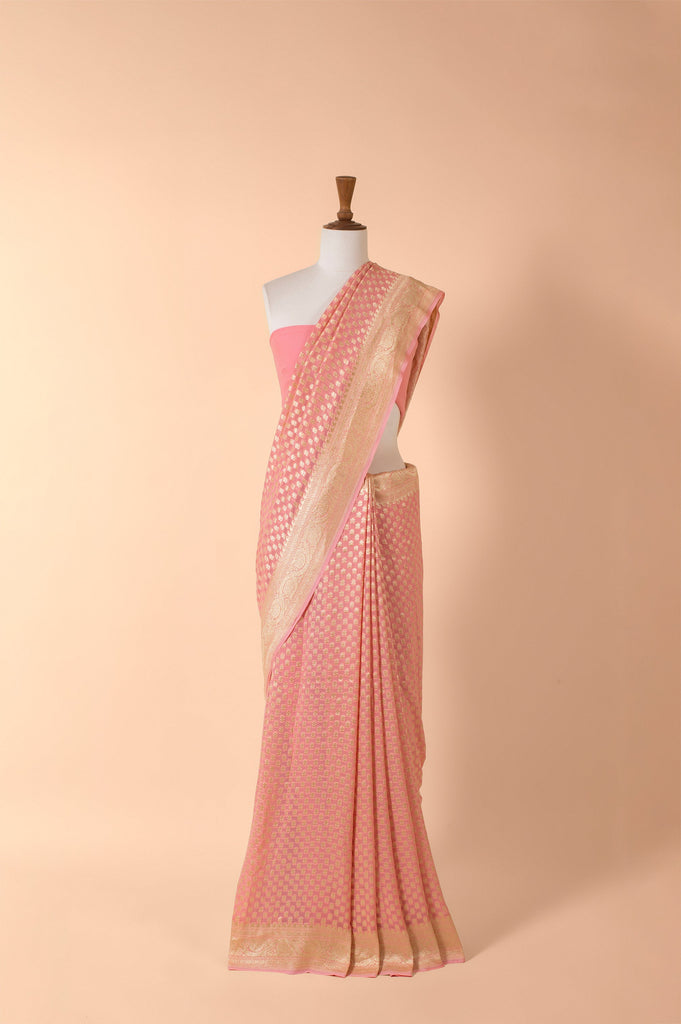 Handwoven Pink Georgette Sari