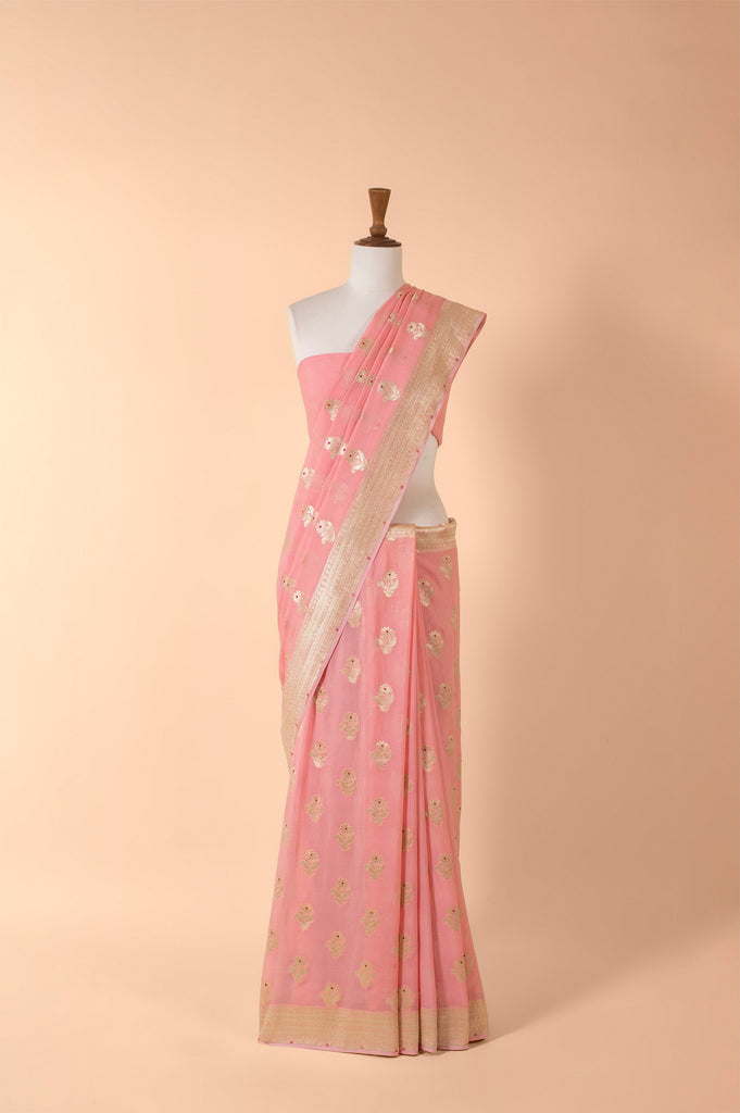 Handwoven Pink Georgette Sari