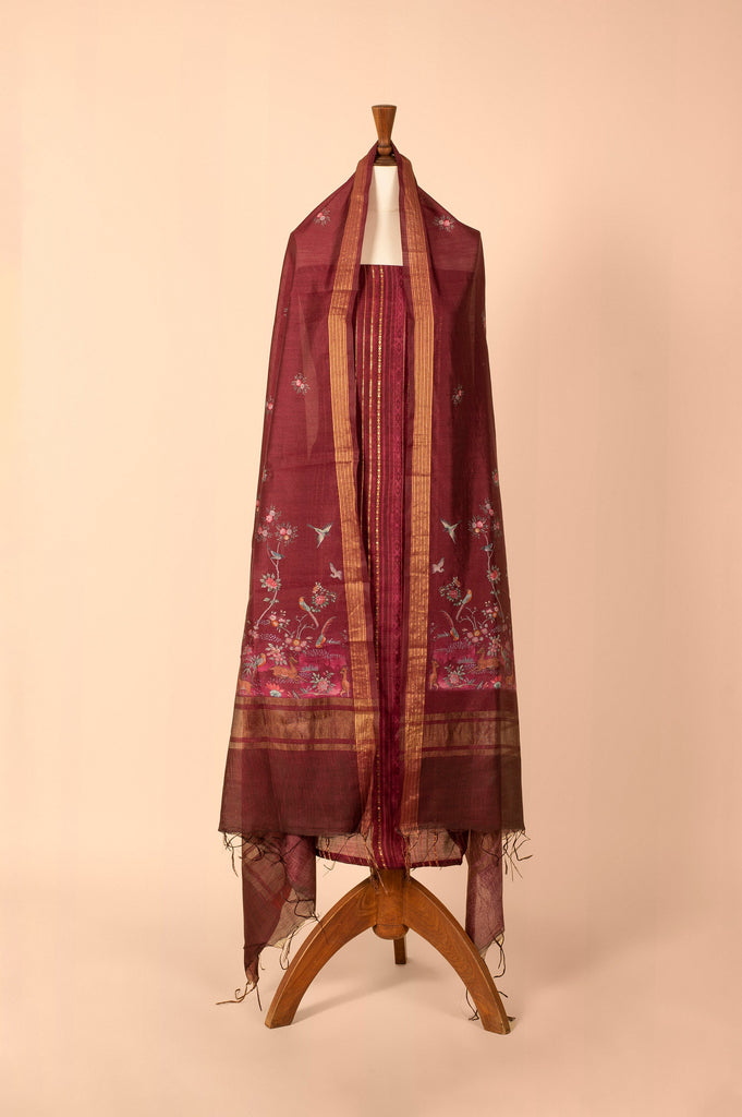 Handwoven Maroon Digital Printed Chanderi Suit Piece