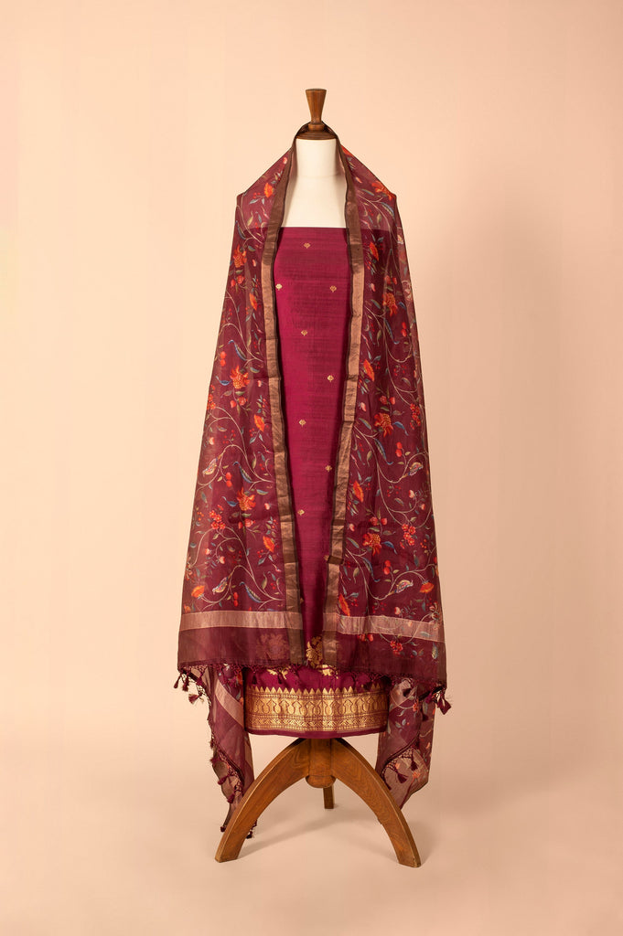 Handwoven Garnet Digital Printed Silk Suit Piece