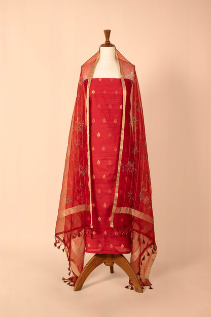 Handwoven Red Digital Printed Chanderi Suit Piece