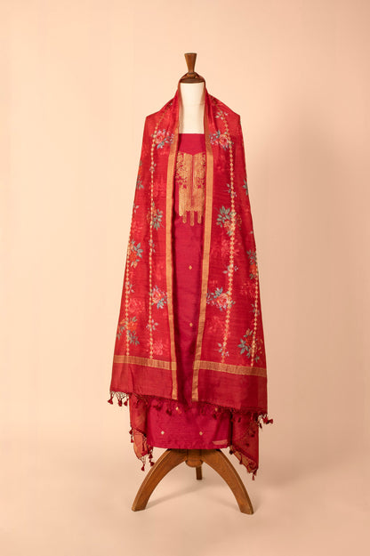 Handwoven Red Digital Printed Chanderi Suit Piece