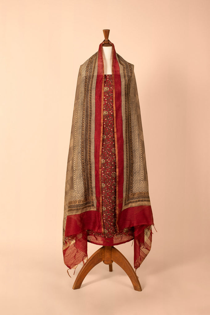 Handwoven Maroon Digital Printed Chanderi Suit Piece