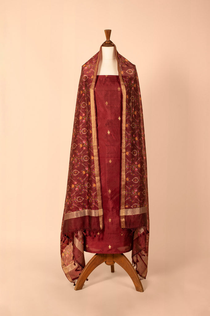 Handwoven Maroon Digital Printed Chanderi Suit Piece