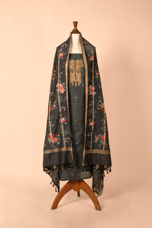 Handwoven Black Digital Printed Chanderi Suit Piece