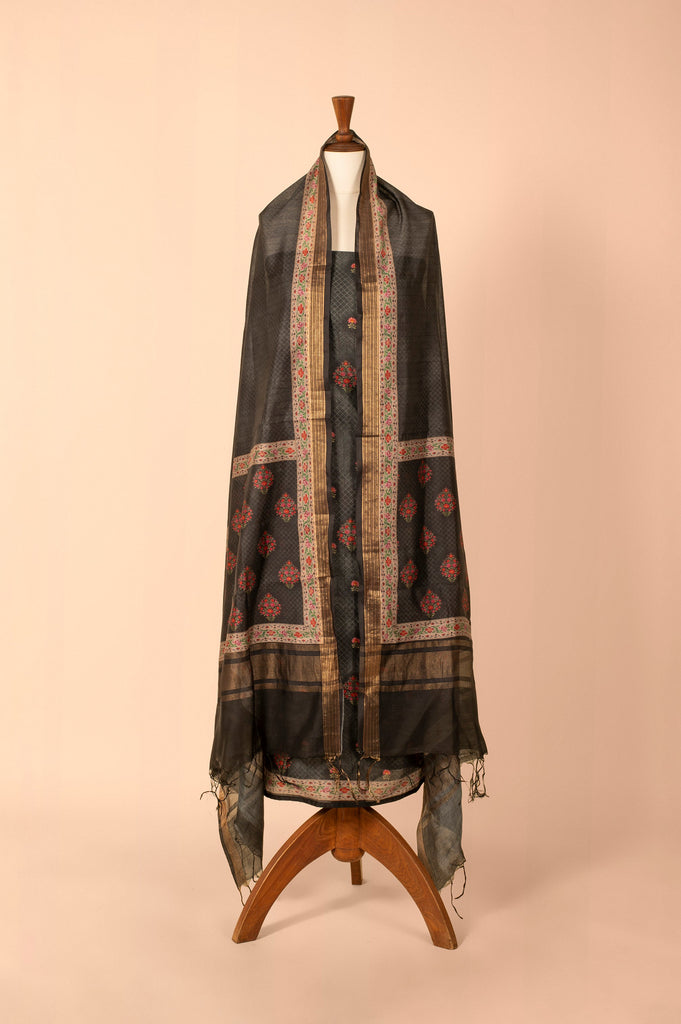 Handwoven Black Digital Printed Chanderi Suit Piece