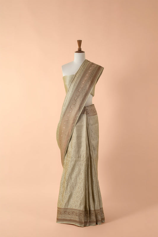 Handwoven Cream Satin Silk Sari