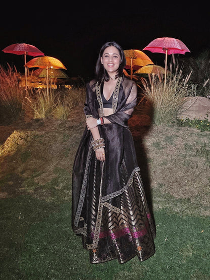 Handwoven Black Silk Chevron Lehenga (The Crossing 2019)