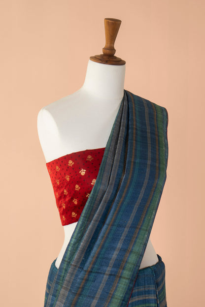 Handwoven Blue Digital Printed Tussar Sari