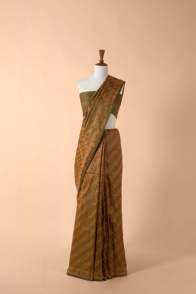 Handwoven Green Satin Silk Sari