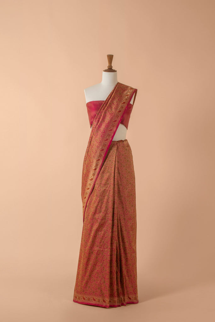 Handwoven Pink Satin Silk Sari
