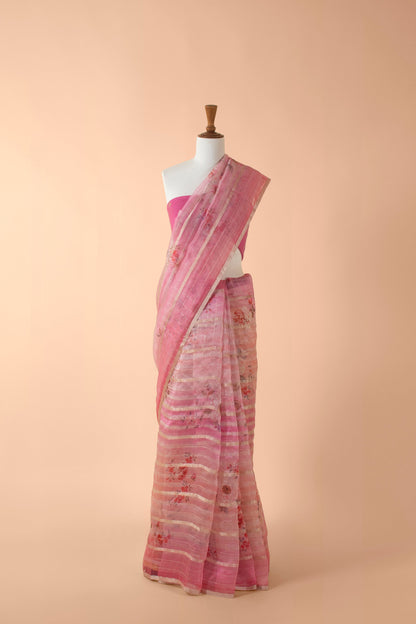 Handwoven Pink Organza Sari