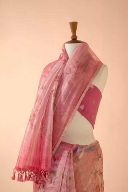 Handwoven Pink Organza Sari