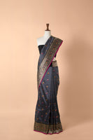 Handwoven Grey Satin Silk Sari