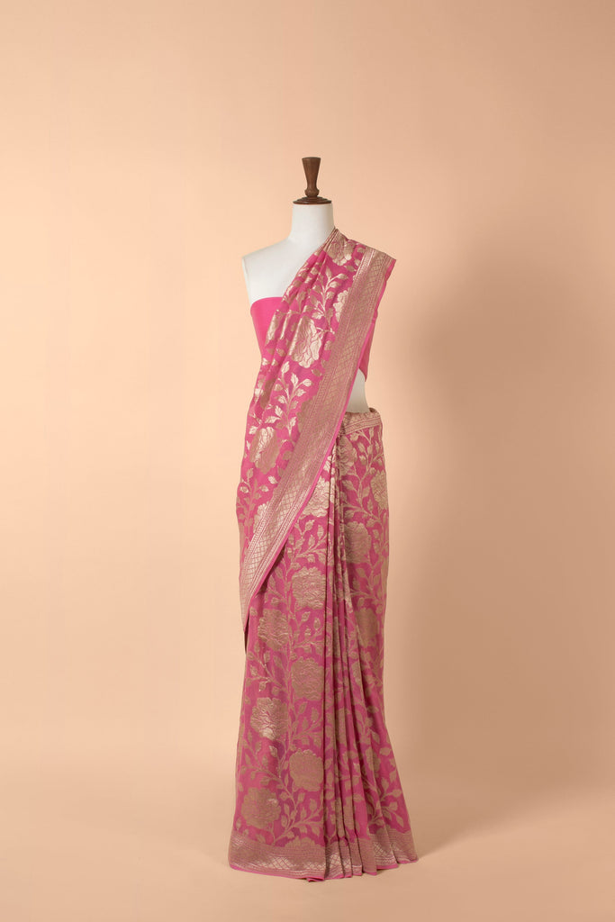 Handwoven Pink Georgette Sari
