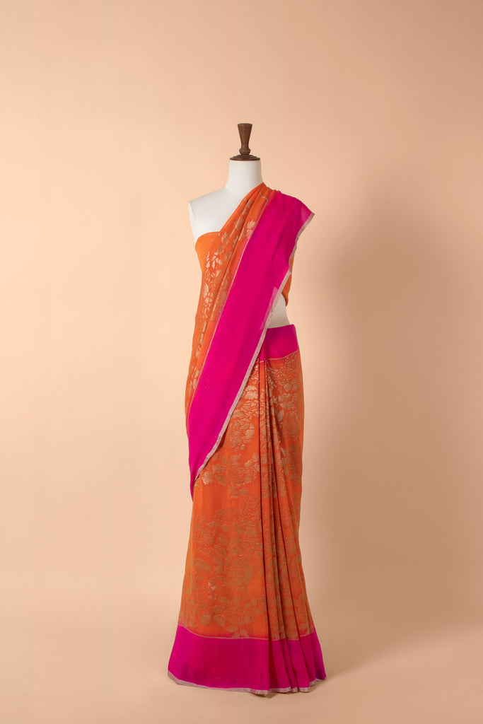 Handwoven Orange Georgette Sari