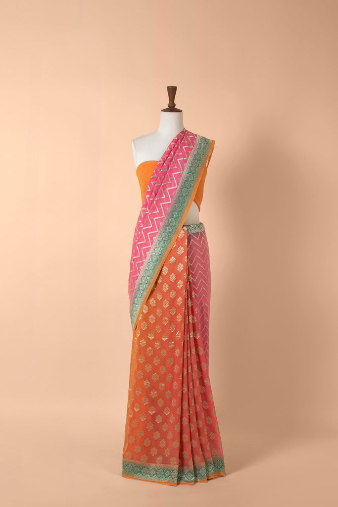 Handwoven Pink Georgette Sari