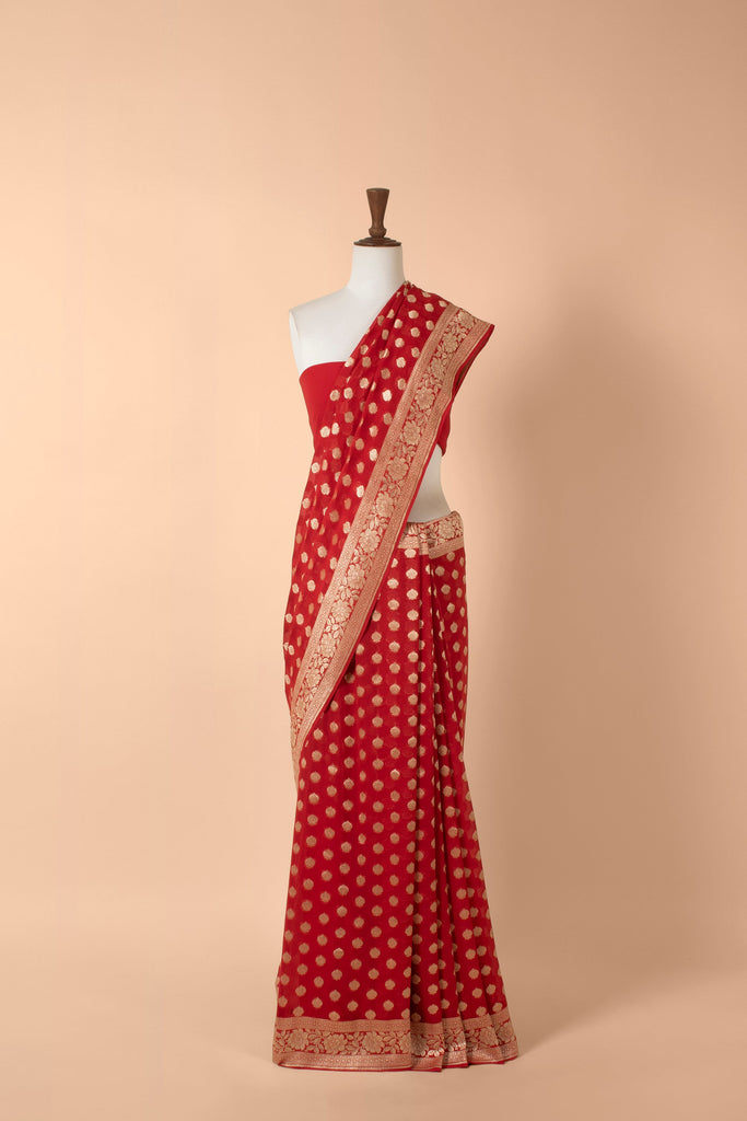 Handwoven Red Georgette Sari