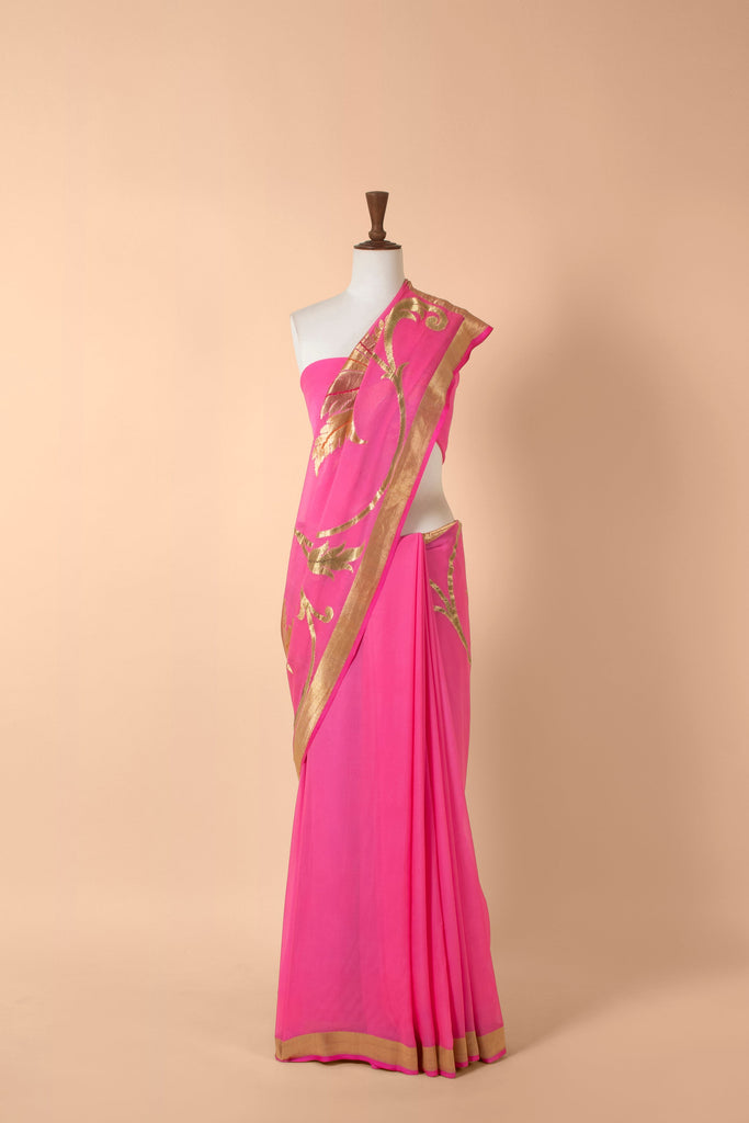 Handwoven Pink Georgette Sari