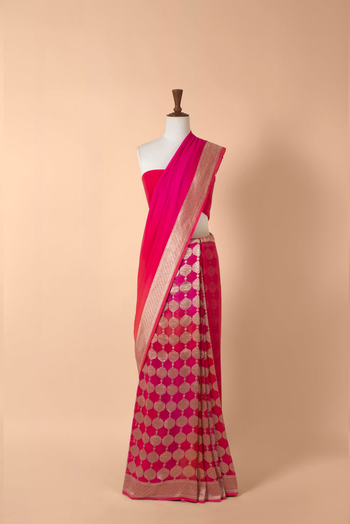 Handwoven Pink Georgette Sari