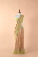 Handwoven Pink and Lemon Yellow Georgette Sari