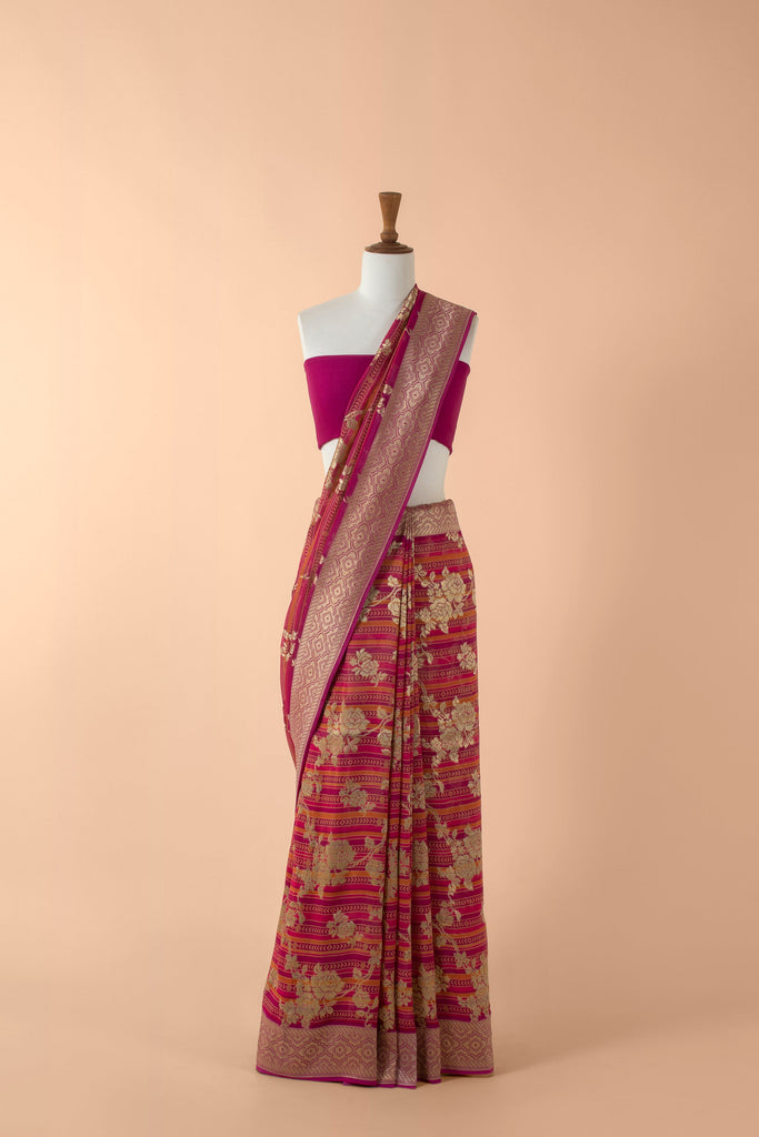 Handwoven Pink Georgette Sari