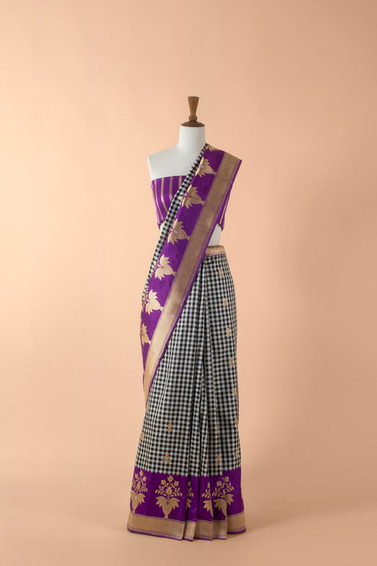 Handwoven Black and Purple Silk Sari