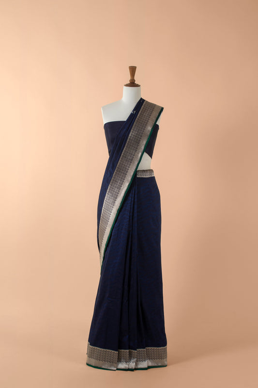 Handwoven Blue Satin Silk Sari