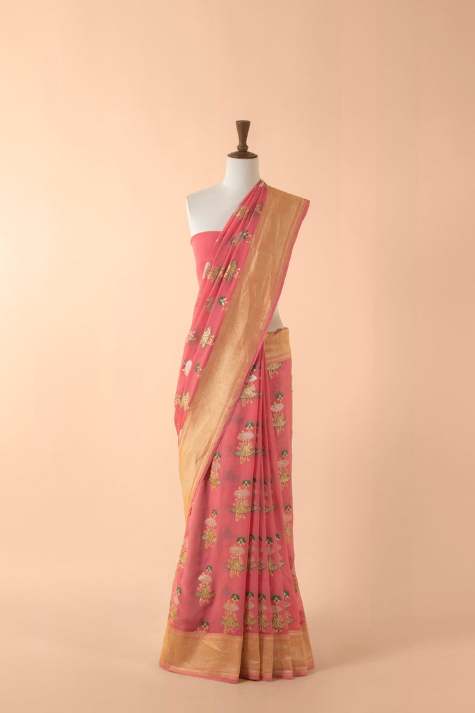 Handwoven Pink Georgette Sari