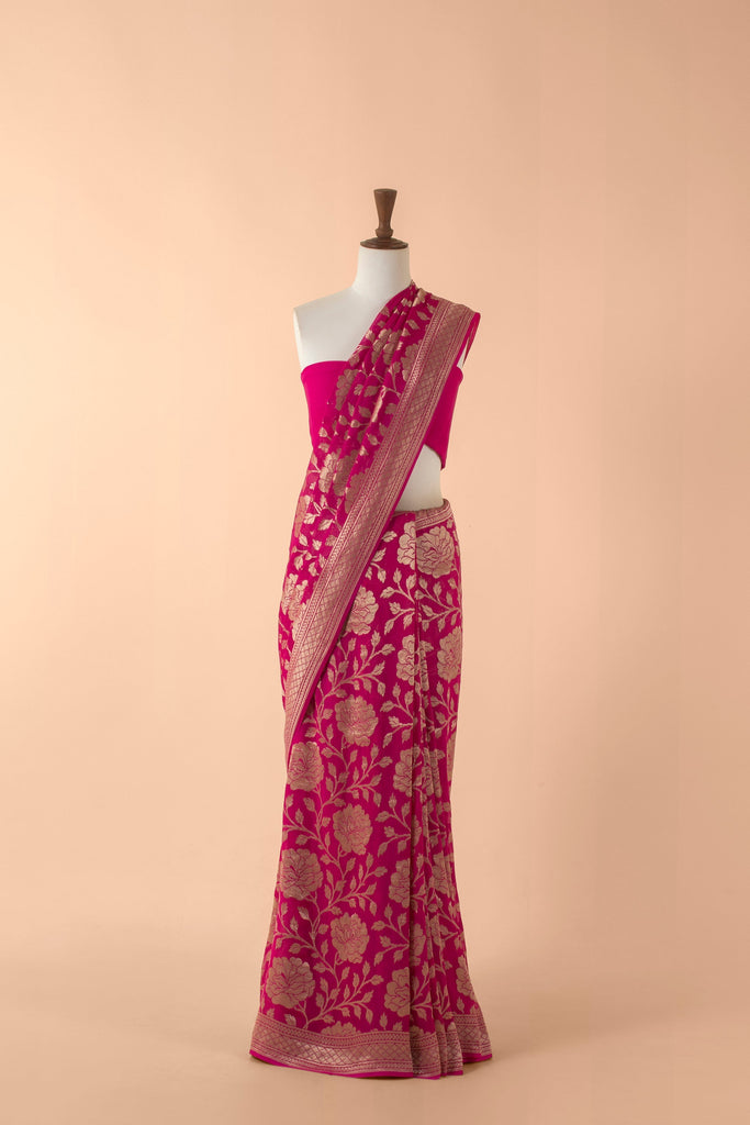 Handwoven Pink Georgette Sari