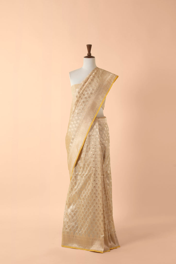 Handwoven Beige Silk Sari