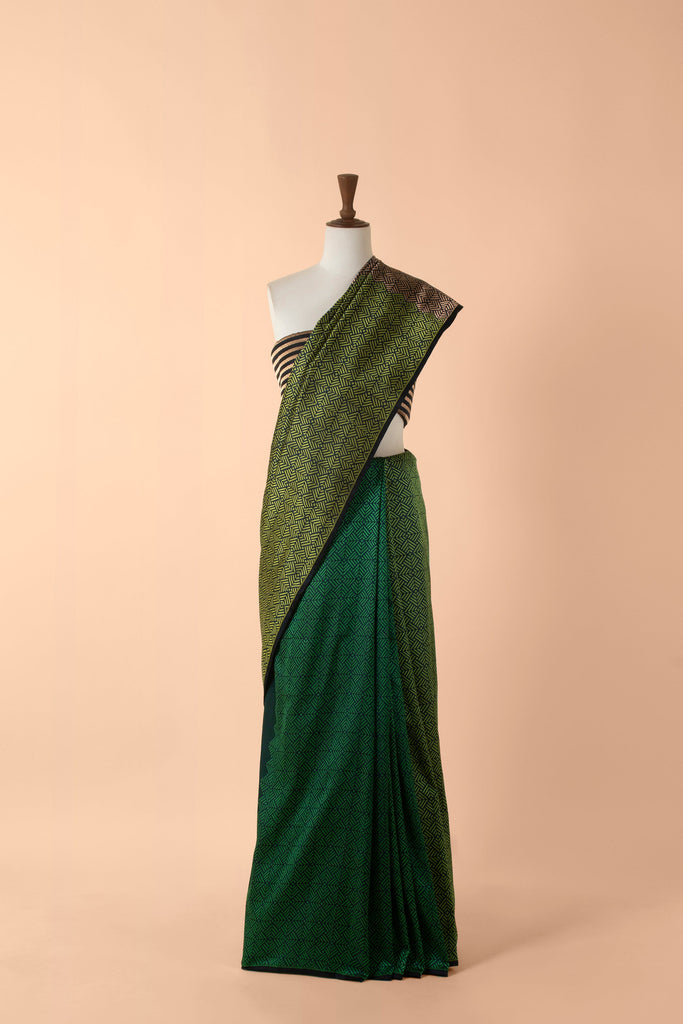 Handwoven Green Satin Silk Sari