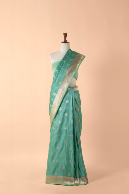 Handwoven Blue Satin Silk Sari