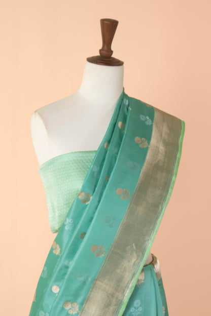 Handwoven Blue Satin Silk Sari