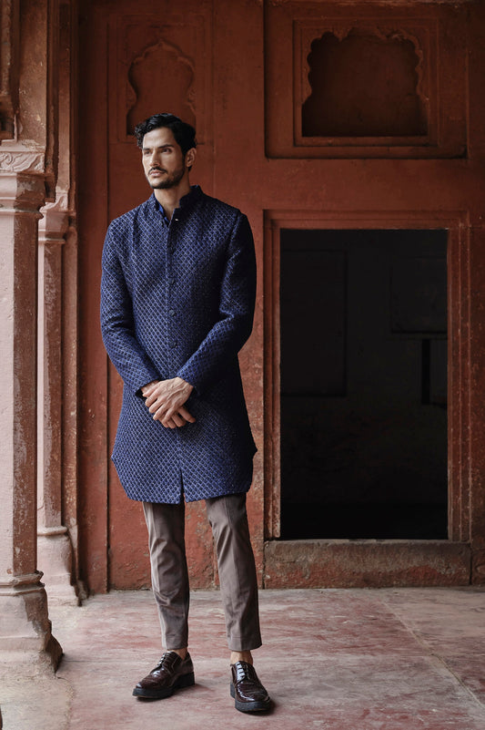 Tintin (Small Scallop) Beaded Decon Sherwani With French Knots
