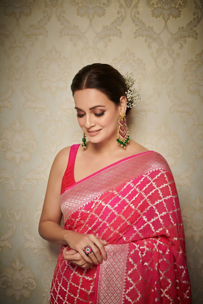 Dia Mirza in Handwoven Pink Georgette Saree