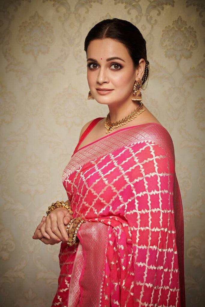 Dia Mirza in Handwoven Pink Georgette Saree