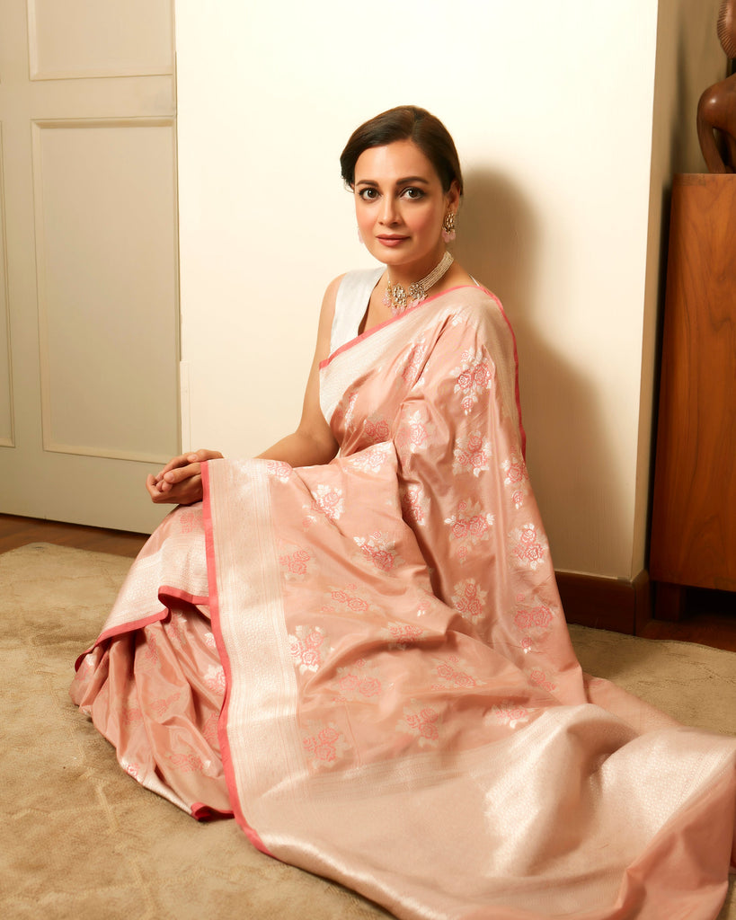 Handwoven Peach Silk Sari