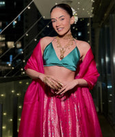 Komal Pandey in Handwoven Pink Silk Lehenga