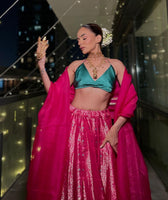 Komal Pandey in Handwoven Pink Silk Lehenga