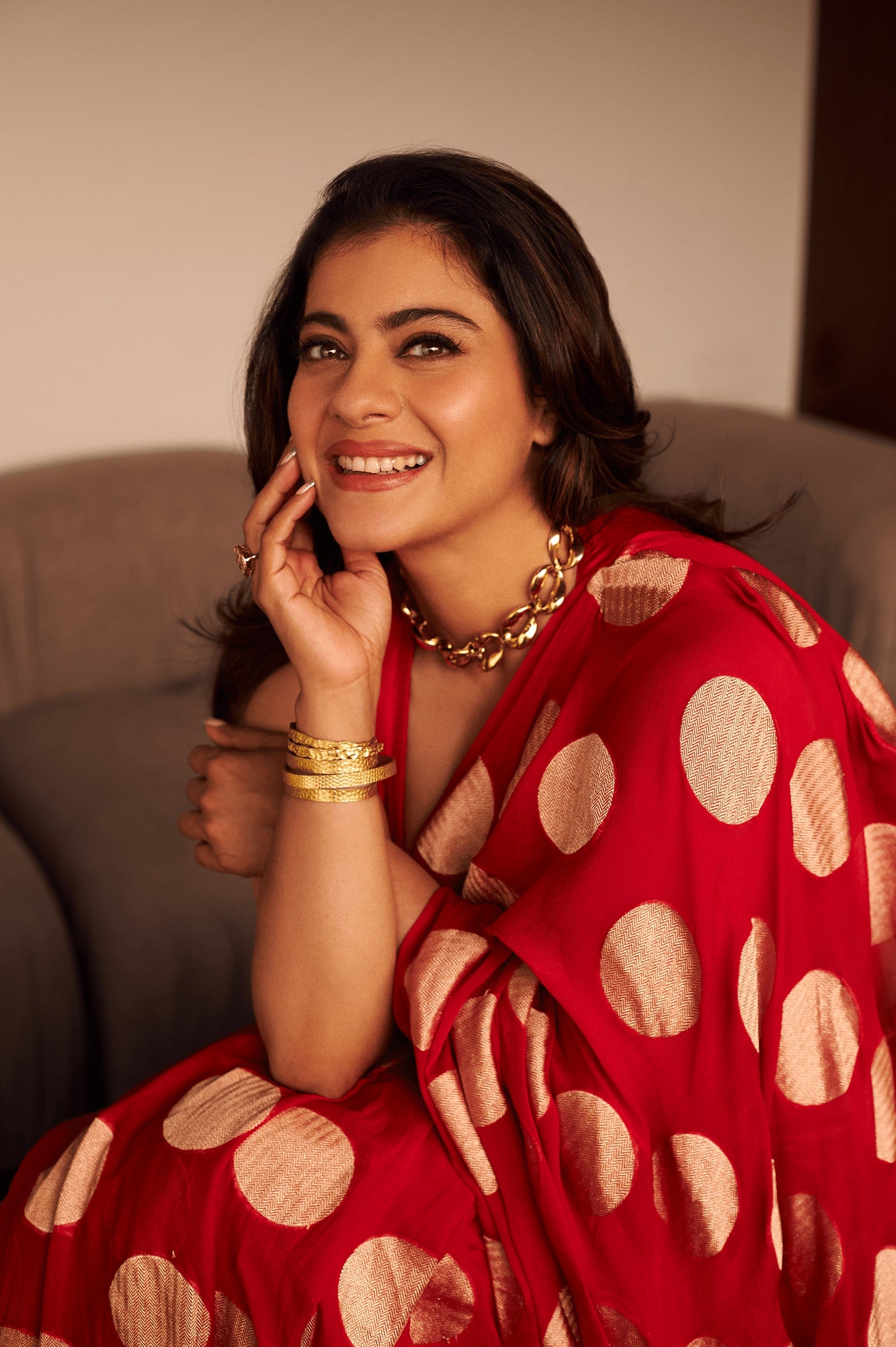 actress Kajol in Handwoven Red Georgette Sari banarsi saree
