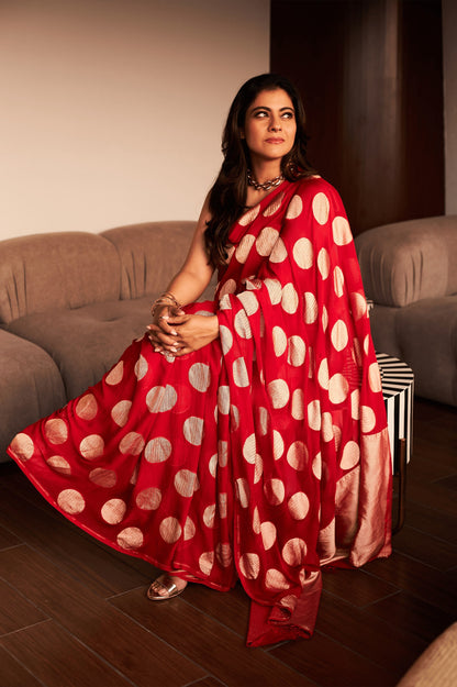 actress Kajol in Handwoven Red Georgette Sari